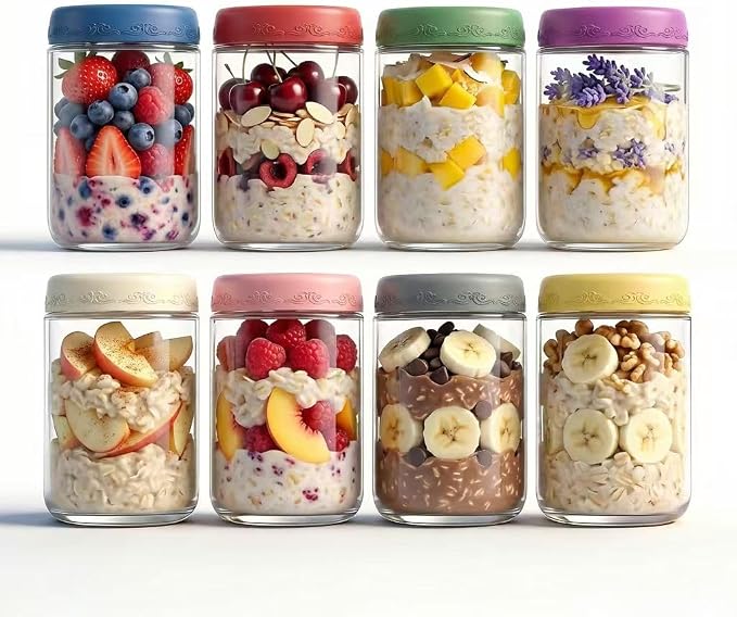 18oz 8Pack Glass Overnight Oats Jars Containers with Airtight Leakproof Lids, Reusable Mason Jars for Meal Prep, Yogurt Parfaits, Smoothies, Salads & Healthy Breakfasts(18oz-8Pack)