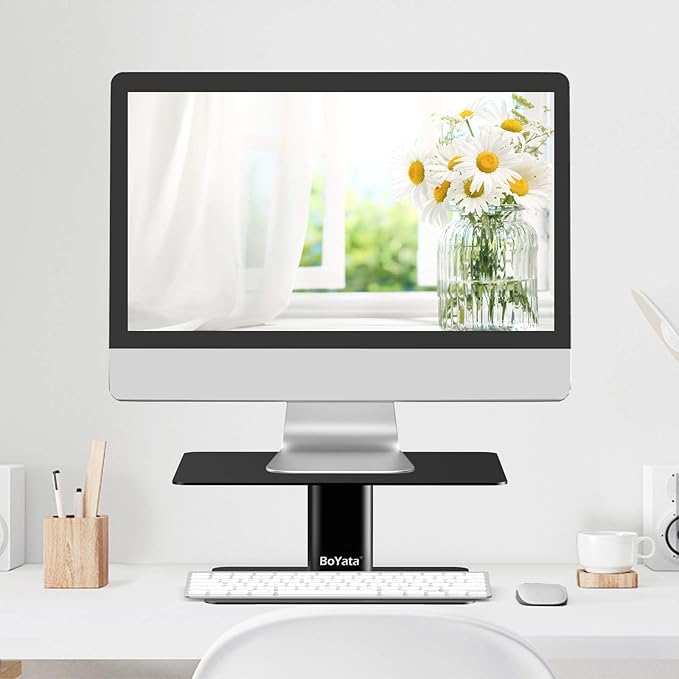 BoYata Monitor Stand, Adjustable Height Metal Desktop Riser, Black | Height-adjustable metal riser with open storage space underneath for monitors, laptops, iMacs, PCs and TVs