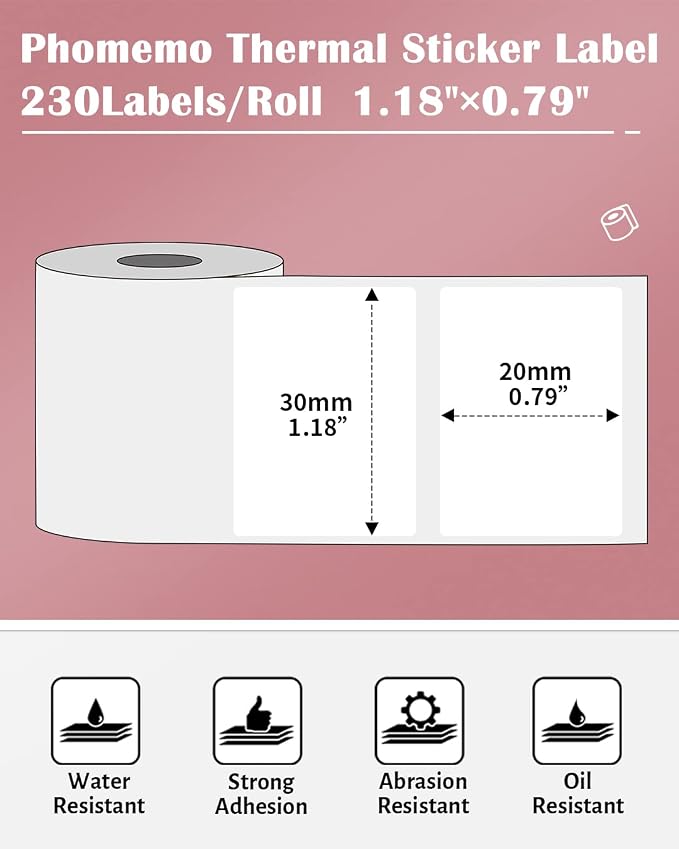 Phomemo Thermal Labels, 1.18" x 0.79", for M110/M100/M220/M108, 300 PCS | Square 30×20mm Name Thermal Stickers for Kids & School, 1 Roll, for Barcode, Logo, Business, Home, Peptide Vial, White