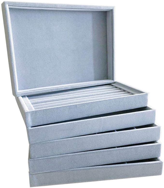 Stackable Tray Grey Velvet Premium Quality Jewelry Small Collections Organizer Multi Function Practical Versatile Design Home Store Trade Show Holder Closet Drawer Divider Inserts