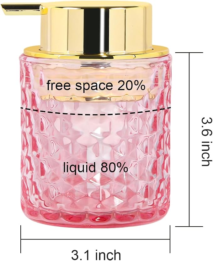 10 Oz Glass Hand Soap Dispenser with Pump, Refillable Bathroom Gold Foaming Soap Dispenser, Vintage Glass Diamond Lotion Container Bottle for Bathroom and Kitchen (1, Pink and Gold)