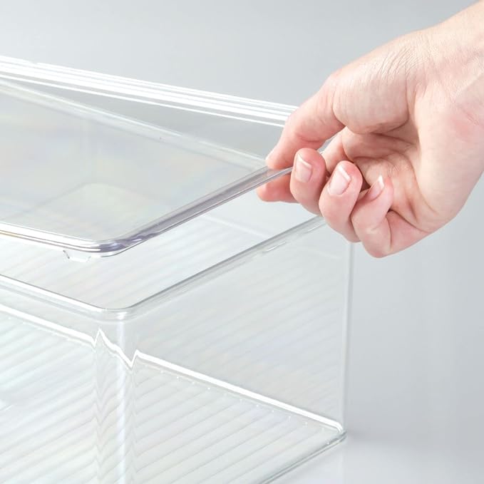mDesign Plastic Stackable Home Office Storage Organizer Box with Hinge Lid - Holder Container Bin for Note Pads, Gel Pens, Staples, Dry Erase Markers, Tape, Supplies - Lumiere Collection - Clear