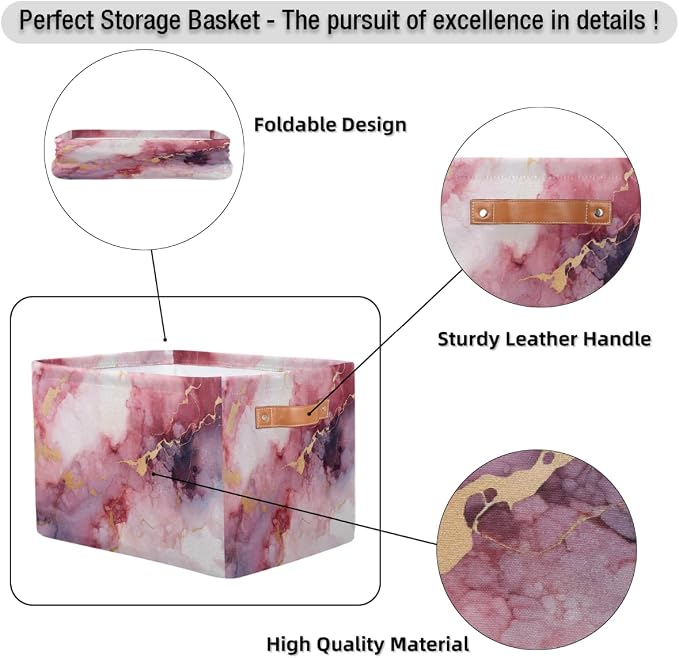 Rectangular Storage Baskets Abstract Pink Marble Fabric Storage Bin Toy Organizer Box with PU Leather Handles for Room Decor