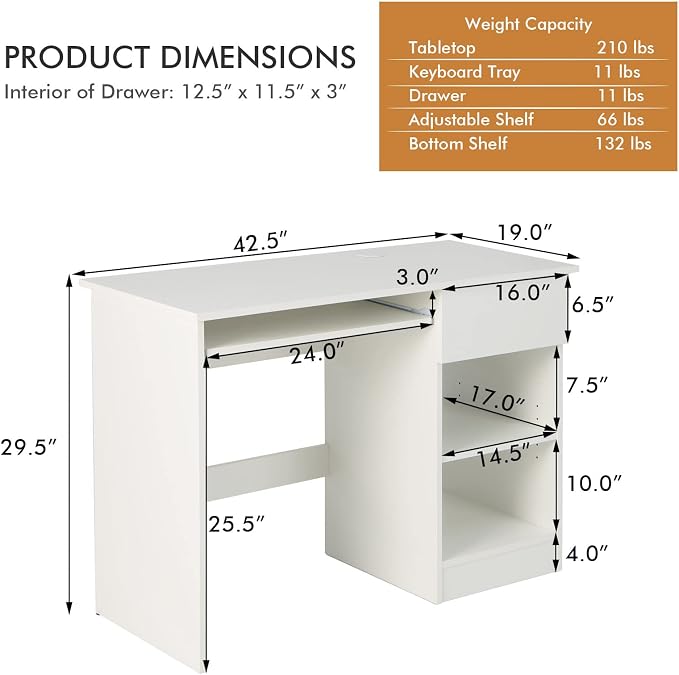 Tangkula White Desk with Drawer, Wooden Computer Desk with Pull-Out Keyboard Tray & Adjustable Storage Shelves, Modern Laptop PC Desk with CPU Stand, Writing Study Desk for Bedroom (White)