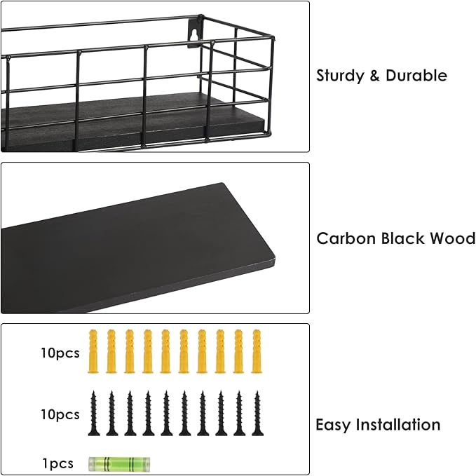 Fixwal 4 Set Floating Shelves - Hanging Wall Mounted Shelves for Living Room, Kitchen, Bedroom & Bathroom - Decorative Storage (Black)