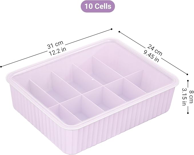 Cetomo 10 Cells Plastic Underwear Sock Drawer Organizer with Lid, Lidded Storage Box with Dividers for Bras and Socks, Basket for Closet, Stackable, Pink, 10 Compartments (31 x 24 x 8 cm)