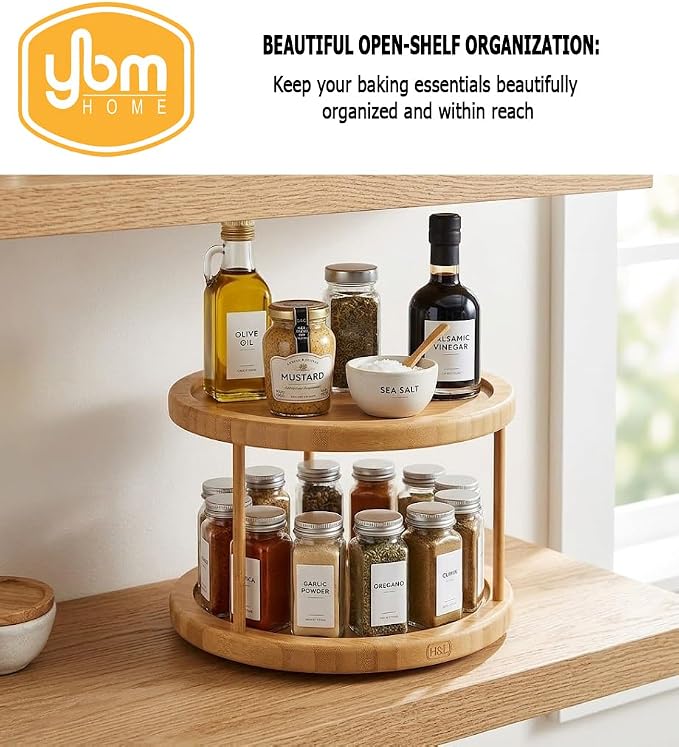 YBM Home Bamboo Wooden Non-Skid Spinner for Kitchen, Pantry, Fridge, Cupboards, or Counter Organizing, Fully Rotating Organizer