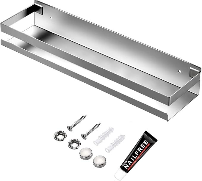 CONRUSER Wall Mounted Spice Rack, Stainless Steel Kitchen Organizer Shelves Hanging Storage Shelf Brushed Steel Seasoning Rack (30CM)