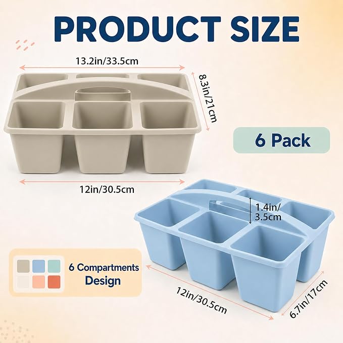 gisgfim 6 Pack Plastic Classroom Caddy with 6-Compartments Plastic Storage Caddies with Handle 6 Compartments Table Caddy Organizer Versatile Table Caddies for Classroom Office Storage, Morandi Color