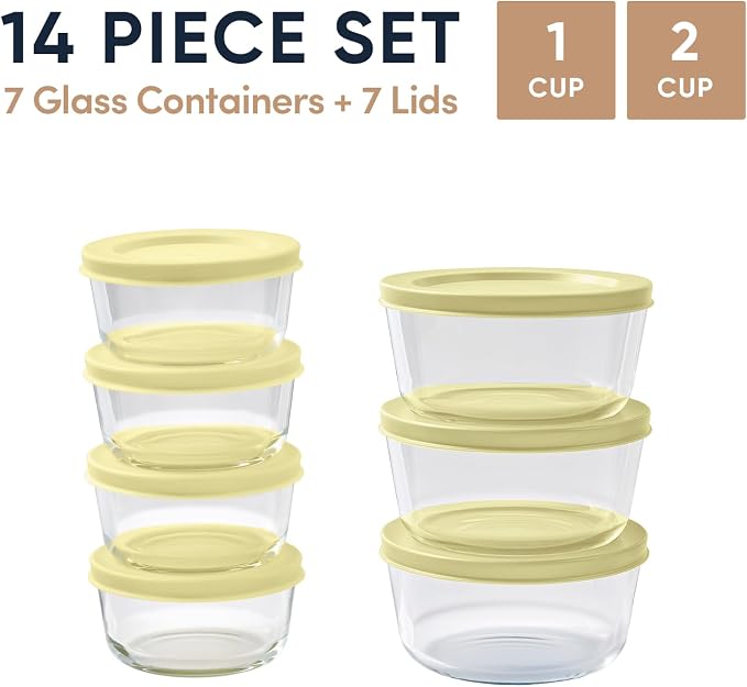 14-Piece Glass Food Storage Containers Set (7 Containers + 7 BPA-Free Lids) | 1-Cup & 2-Cup, Leakproof | Microwave, Freezer, Oven & Dishwasher Safe | Ideal for Meal Prep & Pantry Organization, Yellow
