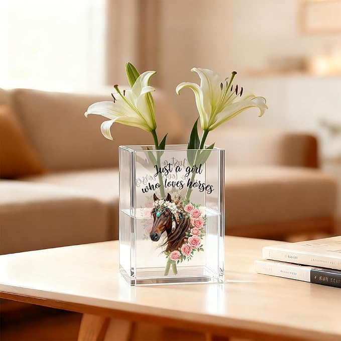 Just A Girl Who Loves Horses Acrylic Pen Holder Cosmetic Organizer, Funny Horseback Riding Pen Pencil Holders for Desk, Equestrian Gifts Makeup Brush Organizer, Horse Lover Desk Accessories