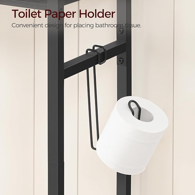 MAHANCRIS Over The Toilet Storage Rack, 3 Tier Bathroom Organizer Over Toilet, Freestanding Space Saver Toilet Stand with 2 Hooks, Bathroom Storage Shelf, Easy to Assemble, Black TSBK6001