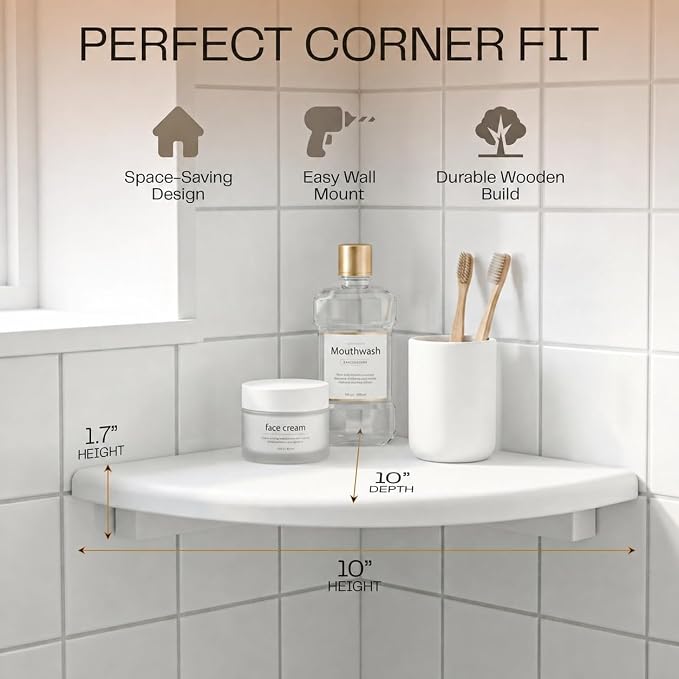 White Corner Floating Shelves for Wall Set of 4, Rounded Wood Wall Mounted Corner Shelf with Hardware, Space Saving Decorative Storage for Kids Room, Bathroom, Living Room, Office