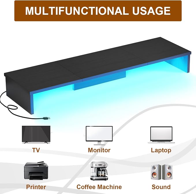 Qupui Dual Monitor Stand Riser for Desk with LED Lights, Large Computer Monitor Stand for 2 Monitors, Desk Shelf for Top of Desk, Desktop Organizer for Computer, Laptop, Printer, TV