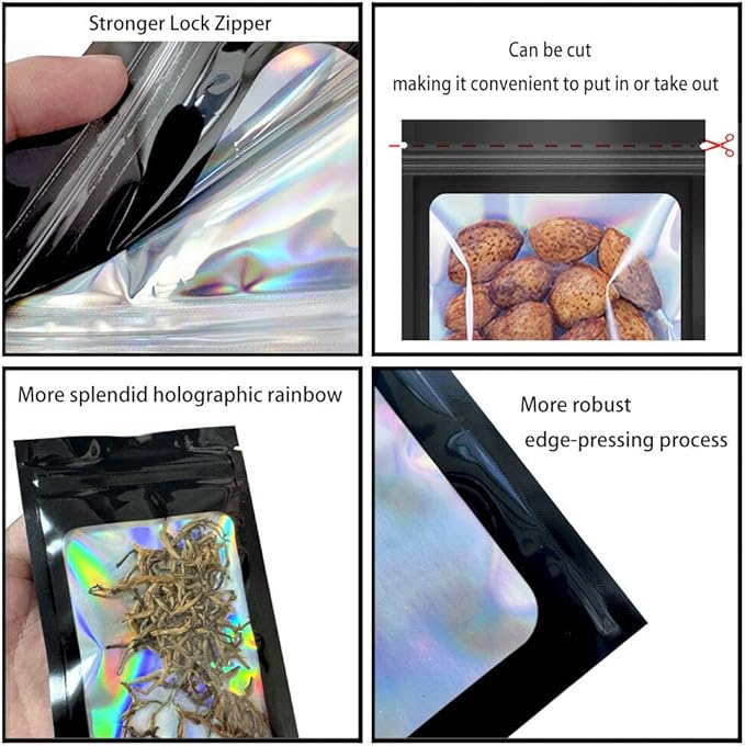 100 Pack Holographic Packaging Bags Resealable Candy Bags with Clear Window Foil Pouch Bag for Lipgloss, Jewelry, Sample Bag for Small Business (Black, 4.7x7.9 Inch)