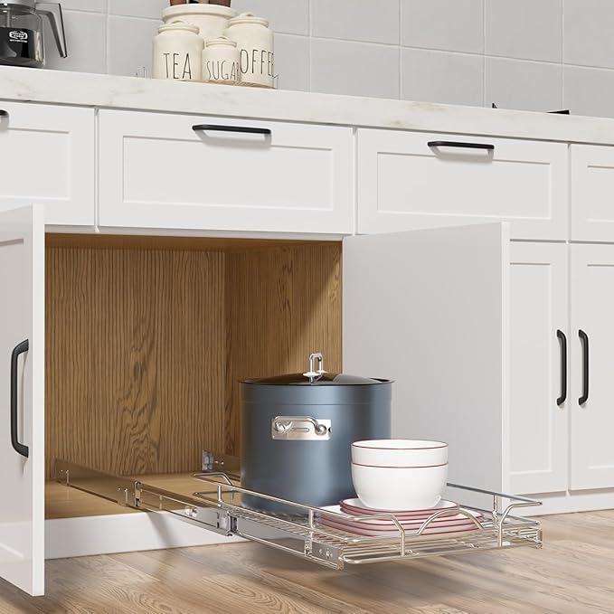 OCG Pull Out Cabinet Organizer (18" W x 21" D), Pull out Drawers, Cabinet Pull Out Shelves for Base Cabinet Organization in Kitchen Bathroom Pantry, Bottom Mount, Chrome Finish