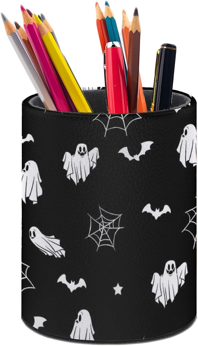 Halloween Spider Web Ghost Pen Holder Pencil Cup for Desk Organizer | Cute Makeup Brush Holder PU Multifunctional Office Suppliesfor Decor Home Classroom School