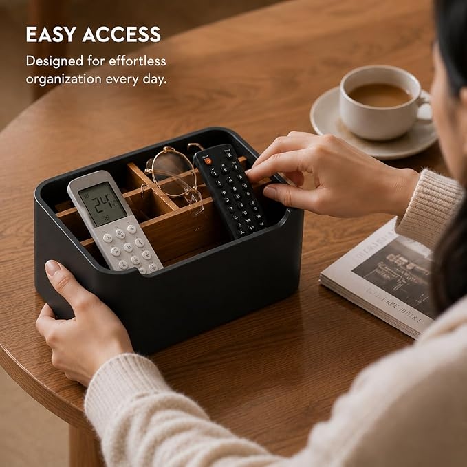 Remote Control Holder, Desk Organizer with Removable Dividers,Black | 5-compartment resin and wood organizer holds remotes, pens, glasses, and media devices for desk, coffee table, or nightstand