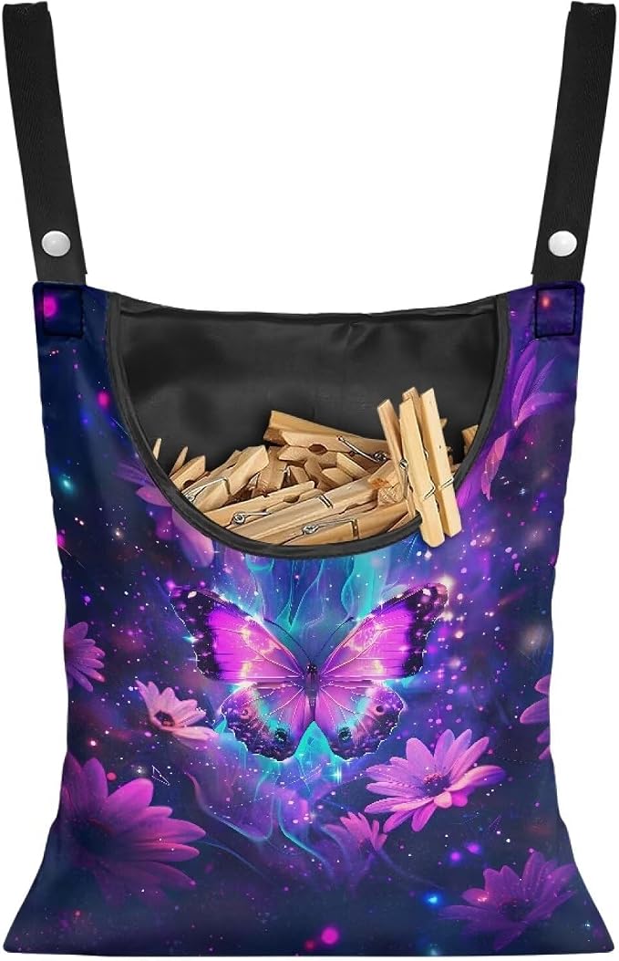 Purple Butterfly Clothes Pin Bag Flroal Clothes Pin Hanging Bag Fashion Clothespin Organizer Bag Portable Clothespin Storage with Large Opening Clothespin Storage for Small Items