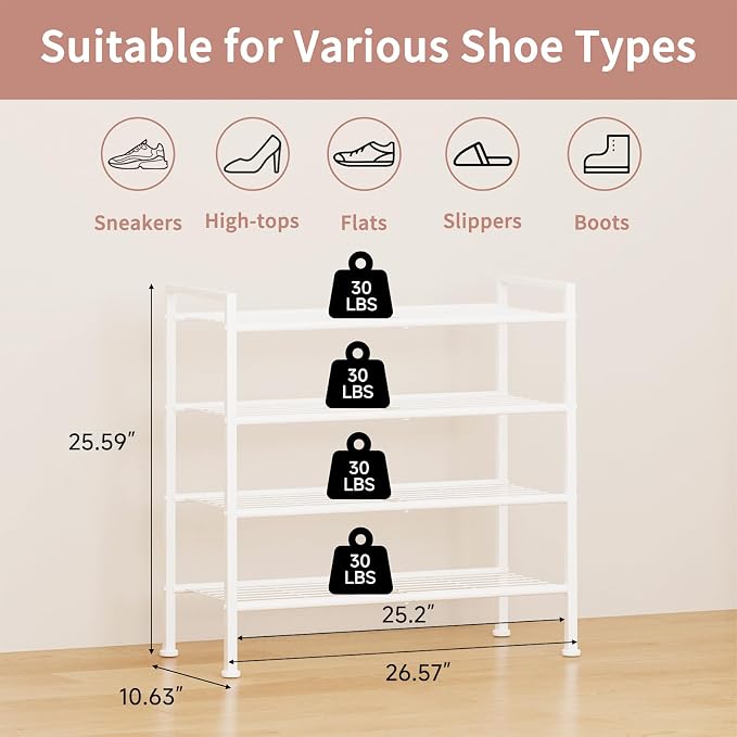 4-Tier Shoe Rack,Metal White Shoe Storage | Organizer Shelf for Closet,Entryway,Hallway,Dorm (White, 4 Tier)