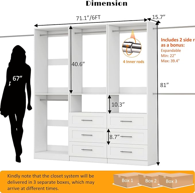 Closet System with with 6 Drawers, 6FT-15FT Closet Organizer Storage Systems with 7 Hanging Rods, Walk-in Closet Corner Closet System Modular Closet System White 3 Sets (6FT)