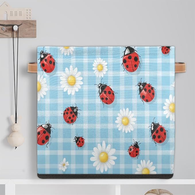 TropicalLife Floral Daisy Ladybugs Storage Cube, 13 Inch Fabric Cube Storage Organizer Bin for Shelves Clothes, Decorative Foldable Storage Boxes