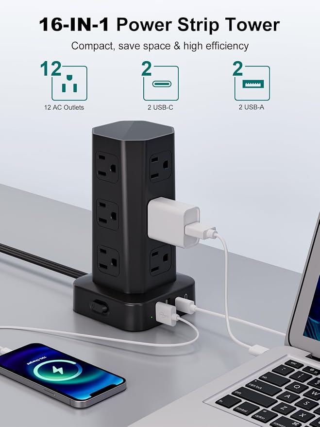 Power Strip Tower Surge Protector, 10FT Flat Plug Extension Cord with Multiple Outlets, 12 AC Outlets 4 USB (2 USB C), Desktop Surge Protection Tower for Home Office Dorm Room, Black