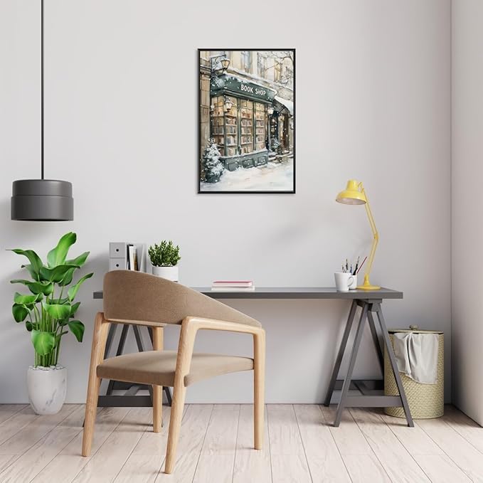 Winter Book Shop New York Book Lover Art Aesthetic Poster Canvas Wall Art Decoration Living Room Home Decor Bedroom Decoration Poster black framed20x30inch