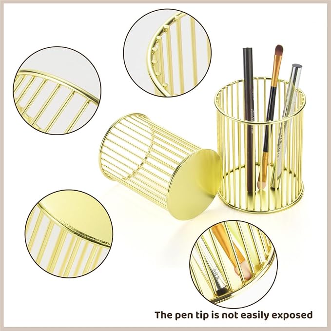 2 Sets Metal Pen Holder for Desk, Makeup Brushes Cup Holder, Pencil Holders, Pen cup, Home and Office Organizer, Gold