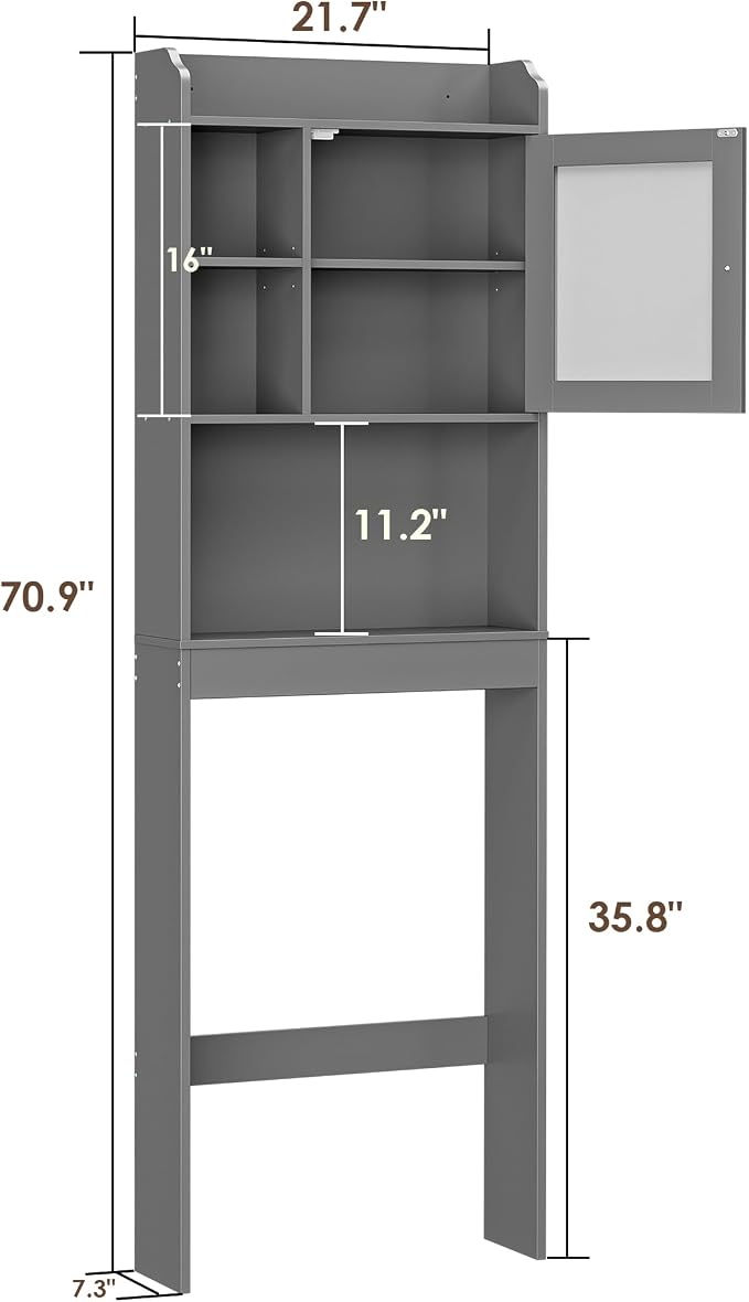 ZENY Over The Toilet Storage Cabinet, Bathroom Organizer with Adjustable Shelf and Double Doors, Freestanding Bathroom Space Saver Toilet Rack (Gray)