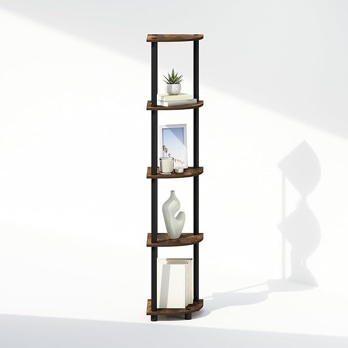 Furinno Turn-N-Tube Storage Shelves, 5-Tier Book Shelf, Corner Shelf, Toolless Open Shelves, for Organization and Storage, Living Room, Home Office, Hallway, Bedroom, Amber Pine