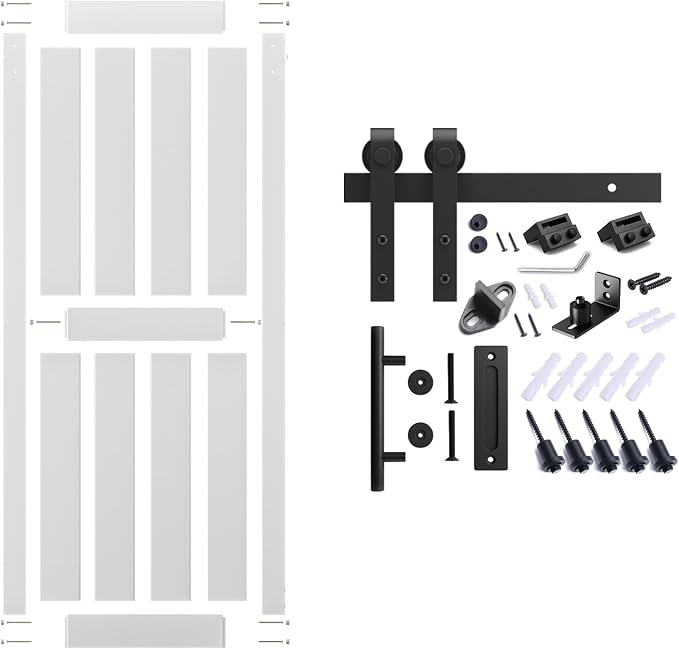 32''x 80'' Sliding Barn Door with 6.6 Ft Barn Door Hardware Kit | Pre-Drilled Holes Easy Assembly - Include Installation Manual, Water-Proof PVC Surface, H-Frame, White