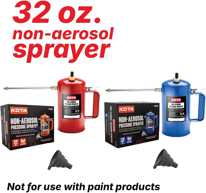 LAUCO Non Aerosol Pressure Sprayer with Funnel and Extension, Refillable Pressurized Sprayer Bottle for Oil, Solvent, Degreasers, Lubricants - Rechargeable Steel Canister and Brass Nozzles, 32oz 69532