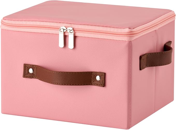 Storage Bins with Zipper Lid PU leather Storage Boxes Leather Fabric Collapsible Lidded Baskets Cube with Handle Decorative Shelves Closet Office Organizer Container(Pink, Small Size)