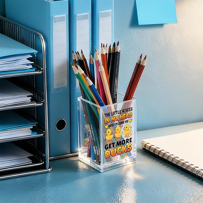The Little Voices In My Head Acrylic Pencil Holder Cup, Ducks Lover Gifts for Women, Funny Rubber Duck Desk Organizer and Accessories for Coworker Girls Students Friends, Pen & Bookmark Holder