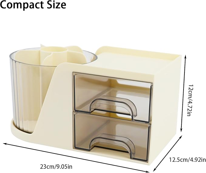 Desk Organizer with Rotating Pencil Pen Holder and 2 Small Drawers, Desk Caddy for Office Workspace Organization and Storage (Beige)