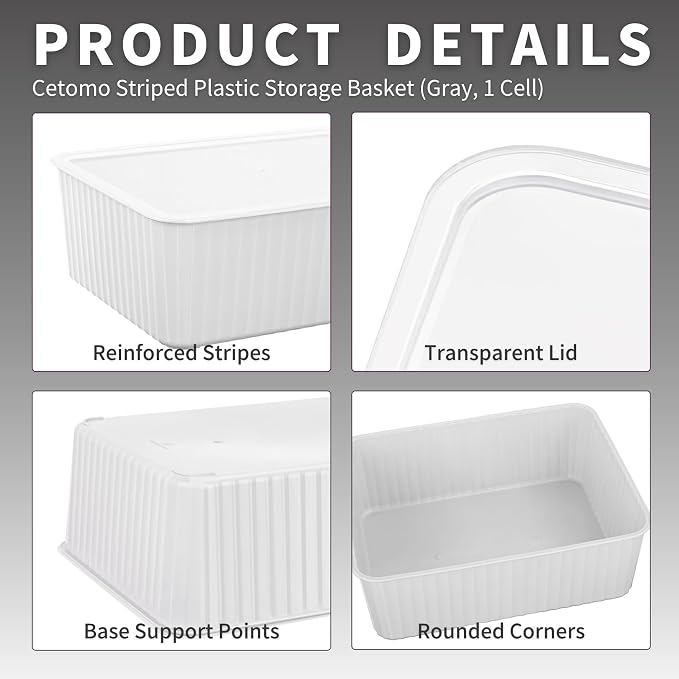 Cetomo Plastic Underwear Drawer Organizer with Lid, Lidded Storage Box for Bras, Plastic Basket for Closet and Shelf, Stackable, Gray (31 x 24 x 11 cm)