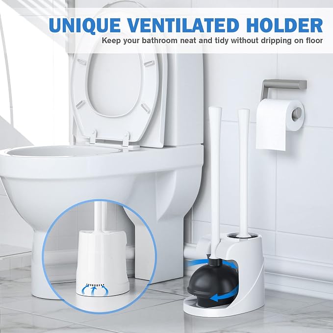 Toilet Plunger and Brush, Bowl Brush and Heavy Duty Toilet Plunger Set with Ventilated Holder, 2-in-1 Bathroom Cleaning Combo with Modern Caddy Stand for 5.7-inch Toilet Drain(White, 2 Set)