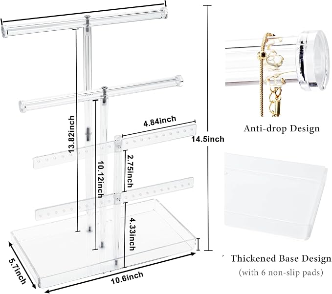 Acrylic Jewelry Organizer Stand with Tray, 4-Tier 14" Tall Tangle-Free Clear Jewelry Display Holder for Hanging Long Necklaces & Bracelets, 40 Earring Holes, Tower Tray Storage for Rings Watch Perfum