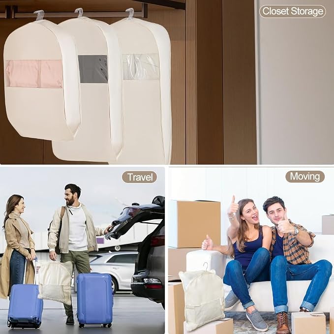 3PCS Space Saving Hanging Garment Bag with Self Compression Zipper, Cotton Garment Bag with A Clothes Roller Sticky and 12PCS Clips, Compression Down Jacket Storage for Suits, Padded Clothes, Shirts