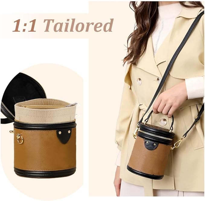 WADORN Small Felt Purse Organizer Insert, Handbag Insert Liner for LV Cannes Round Bucket Bag Organizer Barrel Bags Interior Inserts Accessories for Bucket Makeup Bag, 5.11x4.65 In, Beige