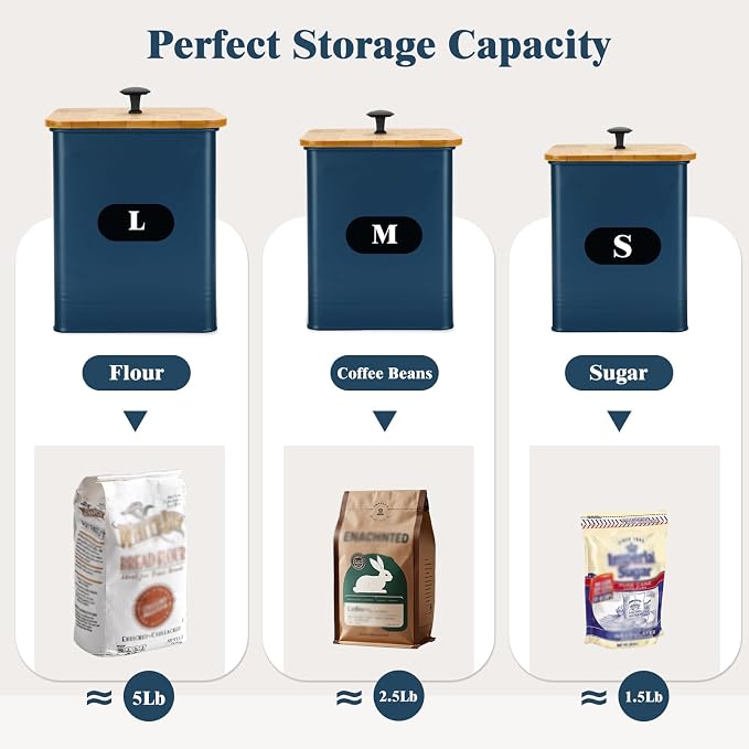 Kitchen Canisters Set of 3, Metal Flour Sugar Storage Containers with Airtight Lids-Canisters Sets for Kitchen with Customizable Chalkboard Labels & Marker Pen-Spice, Coffee Storage Jars(Dark Blue)