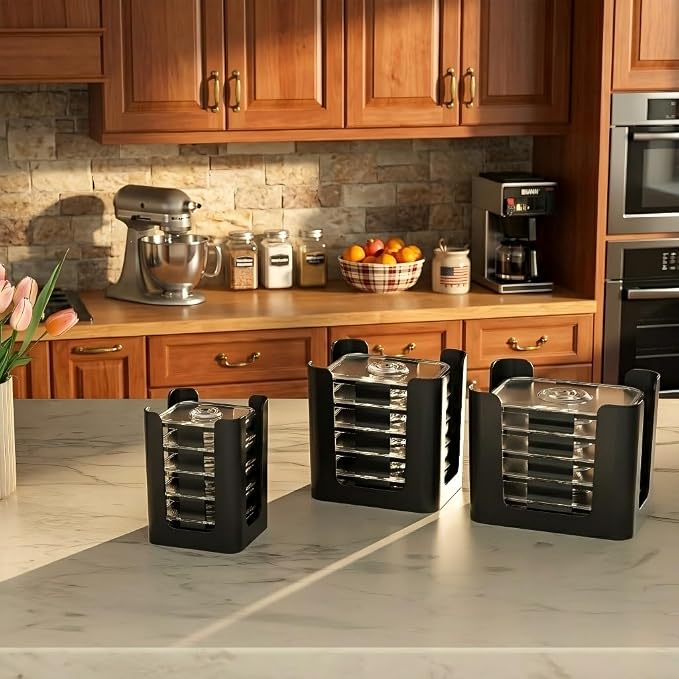 Black 3 Pack Food Container Lid Organizer for Rubbermaid Brilliance | Stackable Lid Holder for Kitchen Cabinet Storage & Pantry Organization, Fits 0.5, 1.3, 3.2, 4.7 Cup Lids, Holds 24 Lids