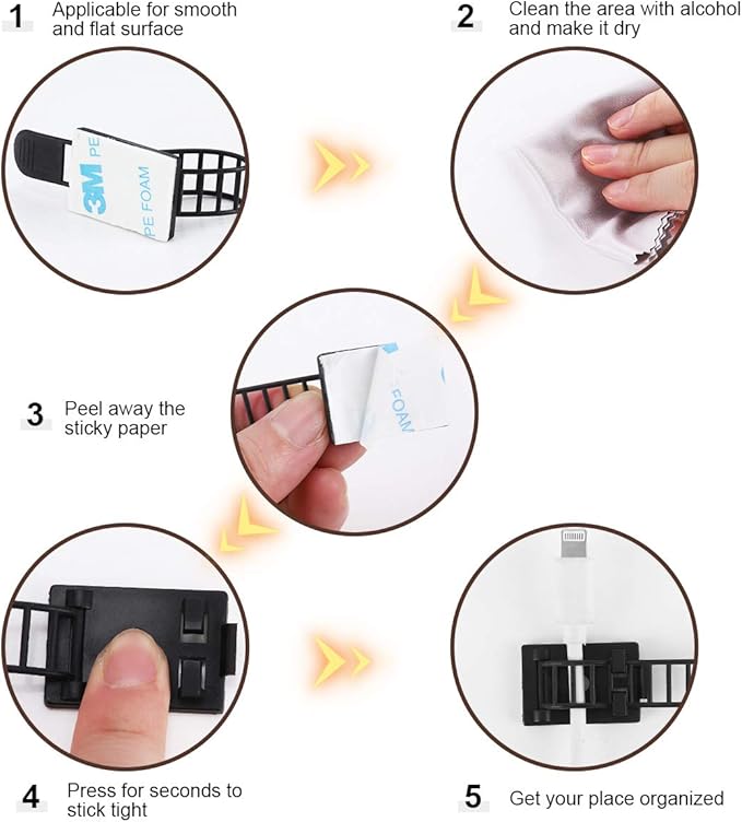100Pcs Adhesive Cable Management Clips with 50Pcs Zip Ties, Adjustable Nylon Cable Strap Ties Wire Clips Clamps Organizer, Extra Screw & Hole - 3.35 Inch Black