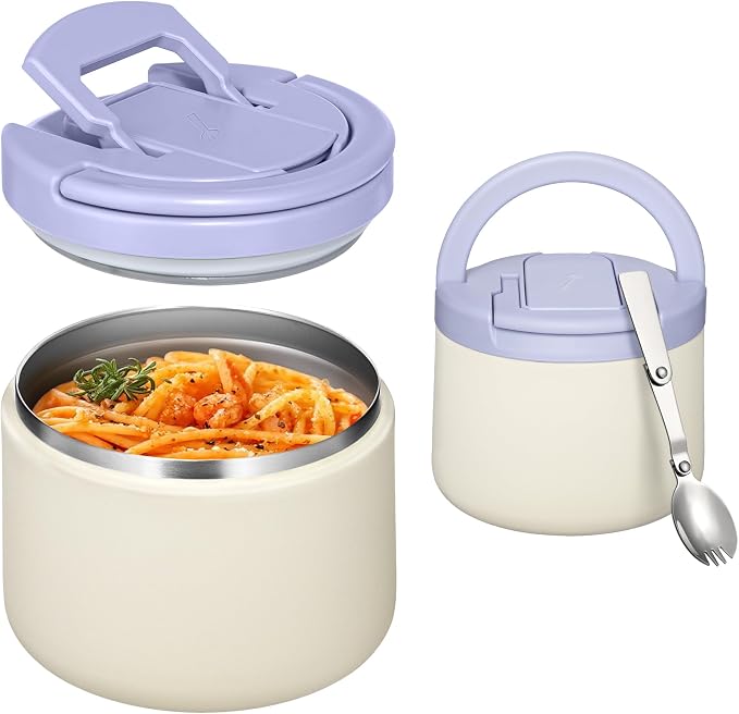 Itslife Soup Thermo for Hot Food Kids 25.5oz Lunch Containers with Buckle Lid Wide Mouth Hot Food Jar Vacuum Insulated Stainless Steel Bento Box Leakproof with Spoon (M-white3, 14oz)