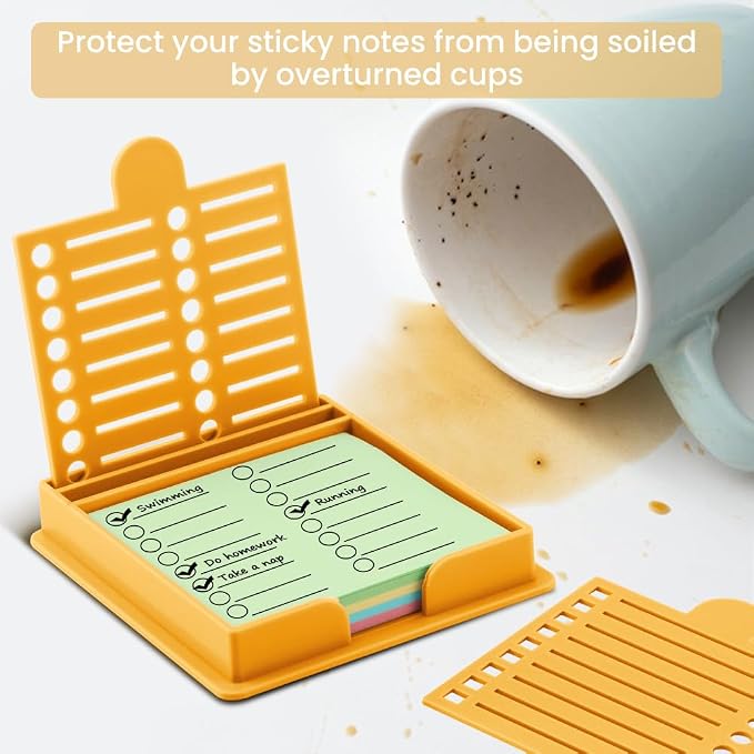 Sticky Note Holder with 5 Different Stencil & 100 Sheet Post It Notes, 3x3 inch Sticky Pads Dispenser with Line Box Drawing Template for Office and Home(COLOR:yellow)