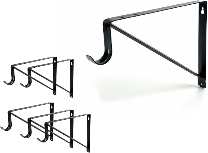 QCAA Heavy Duty Non-Adjustable Shelf Rod Bracket, 12.6" x 10.5", Powder Coated Black, Made in Taiwan, 6 Pack