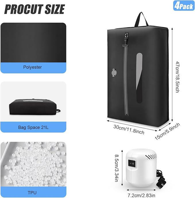 4PCS Vacuum Bags for Travel with Pump, 21L Reusable Compression Bags with IP68 Waterproof Zipper, Space Saving Airless Travel Bags for Family Luggage & Home Storage, Black
