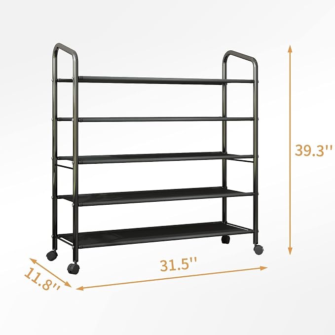 5 Tier Black Metal Shoe Rack Organizer Shoe Stand,Sturdy Rolling Shoe Shelves Storage Racks Organizer for Garage Entryway Closet Floor,with Wheels,31 Inches Wide,Fabric Shelves