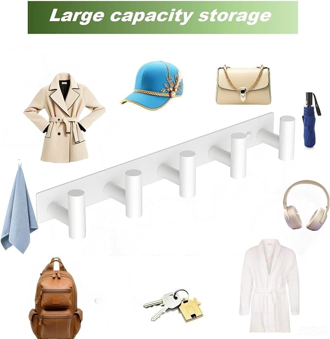 Wall Mounted Coat Rack-5 Hooks, Heavy Duty Stainless Steel Wall Hooks for Towel Coat Bag, Hat Rack Coat Hanger Coat Hooks Towel Racks for Bathroom Entryway Kitchen Hotel Office (White, 1 Pack)